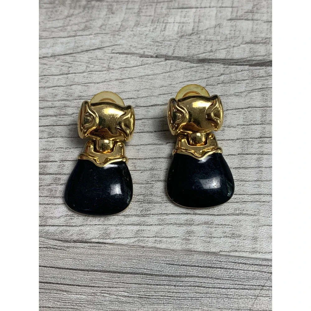 Vintage Gold Tone Black Enamel Door Knocker Drop Earrings Articulated Statement